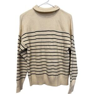 Elegant Cream and Olive Striped Women's Turtleneck Sweater